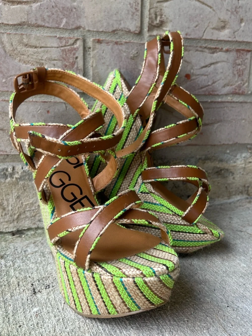 Kelsi Dagger Brown Leather & Neon Green Striped Wedge Sandals